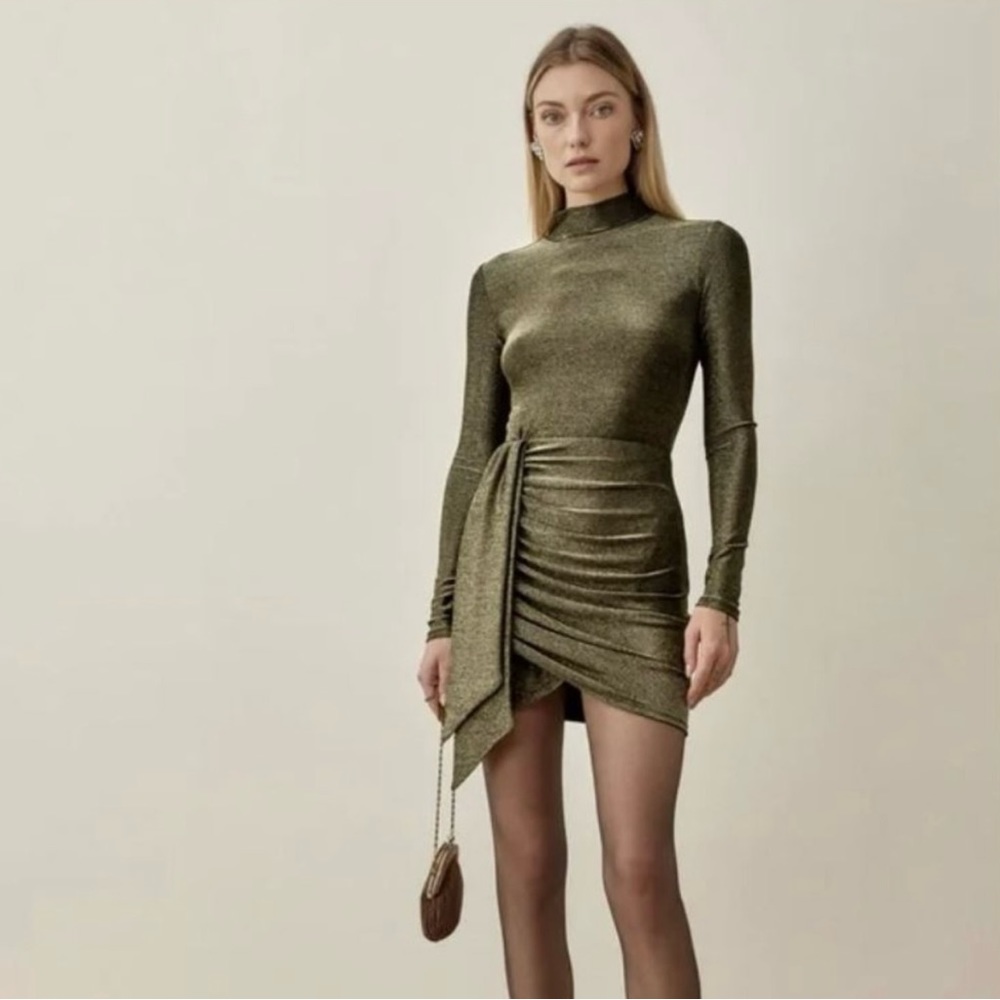 Reformation Paprika Gold Sparkle Long Sleeve Stretchy Knotted Dress Size 2X